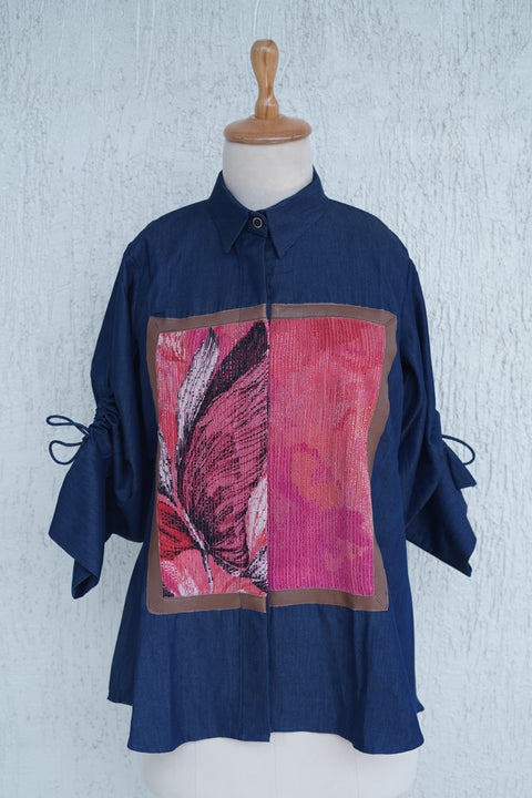 Denim Blue With Pleated Patch Work Shirt