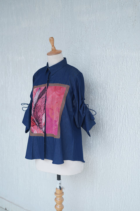 Denim Blue With Pleated Patch Work Shirt
