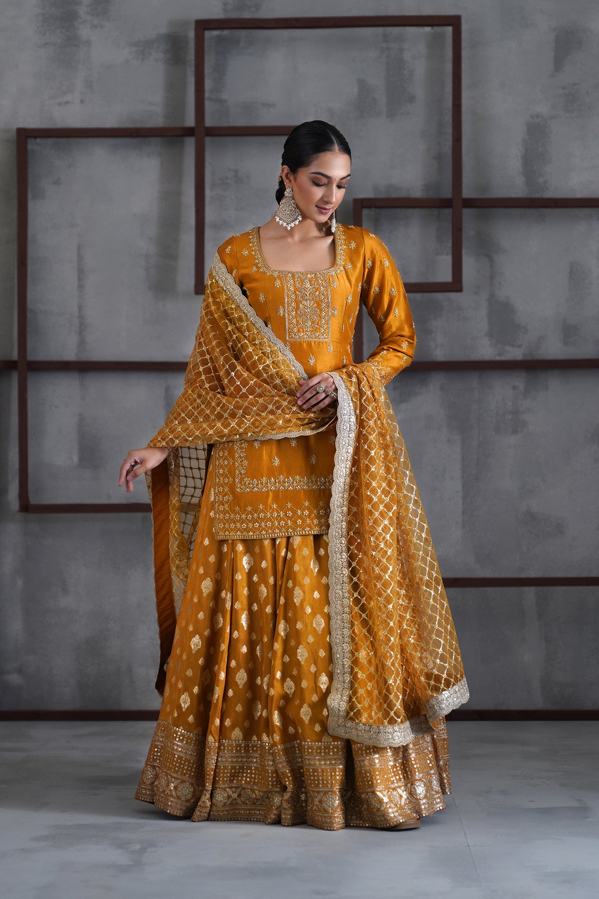 Mustard Embroidered Kurti, Brocade Lehenga And Dupatta