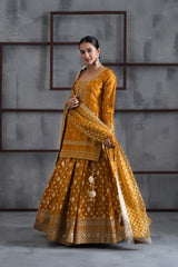 Mustard Embroidered Kurti, Brocade Lehenga And Dupatta