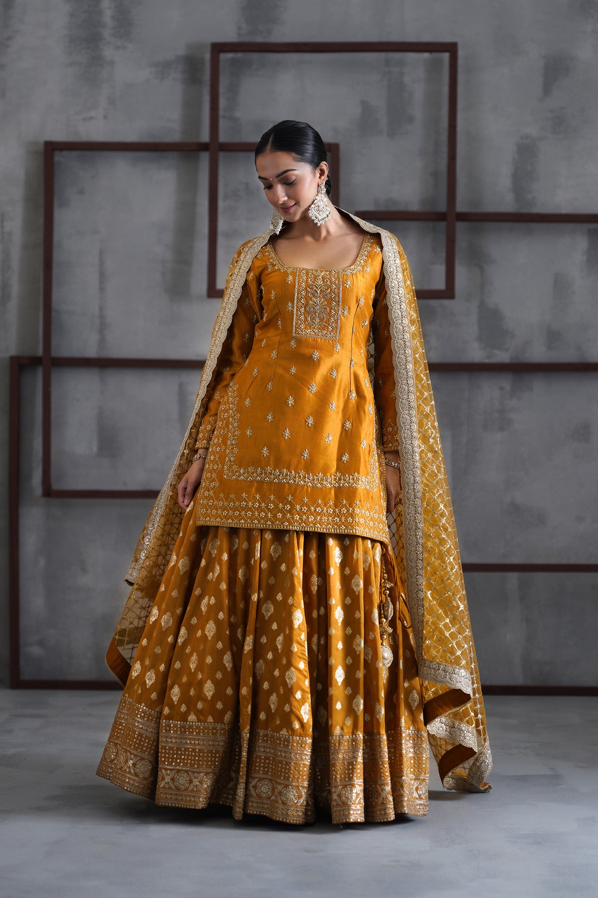 Mustard Embroidered Kurti, Brocade Lehenga And Dupatta