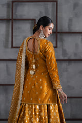 Mustard Embroidered Kurti, Brocade Lehenga And Dupatta