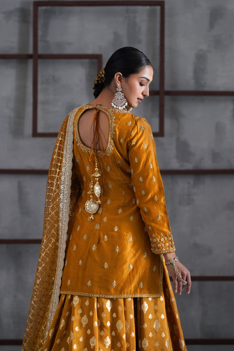 Mustard Embroidered Kurti, Brocade Lehenga And Dupatta