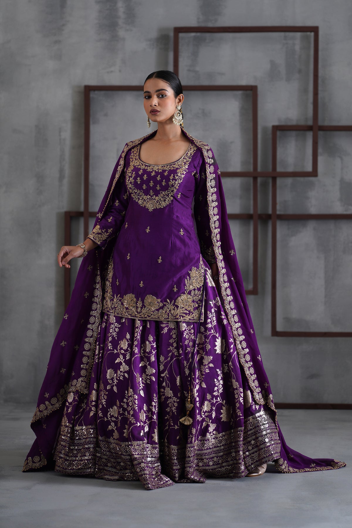 Purple Embroidered Kurti, Banarsi Lehenga And Dupatta