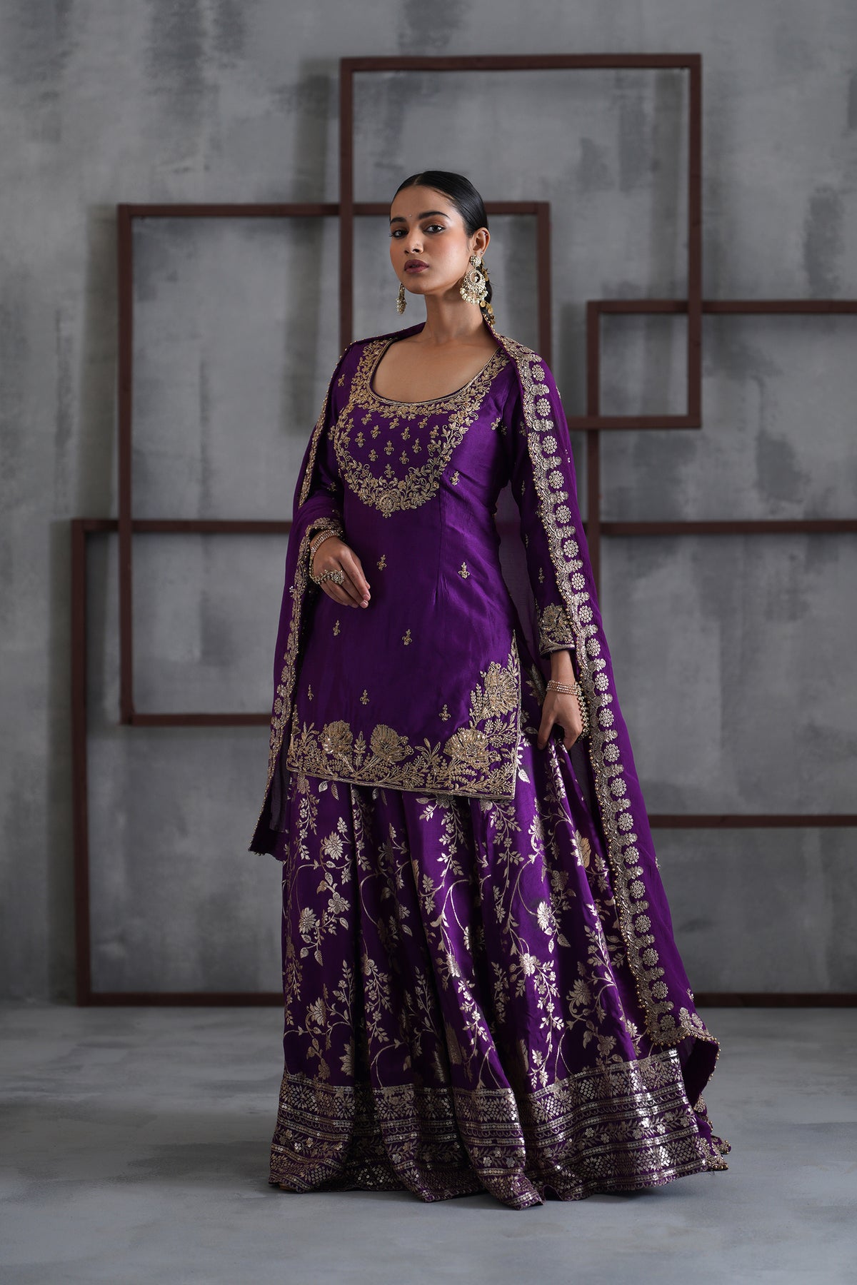 Purple Embroidered Kurti, Banarsi Lehenga And Dupatta