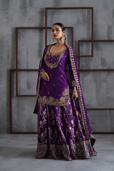 Purple Embroidered Kurti, Banarsi Lehenga And Dupatta