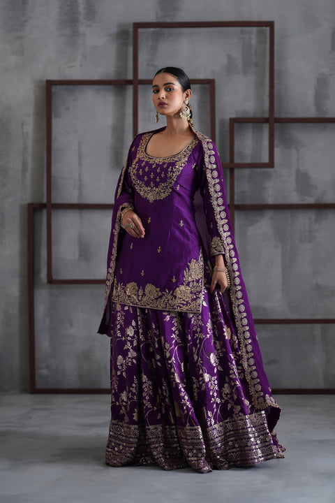 Purple Embroidered Kurti, Banarsi Lehenga And Dupatta