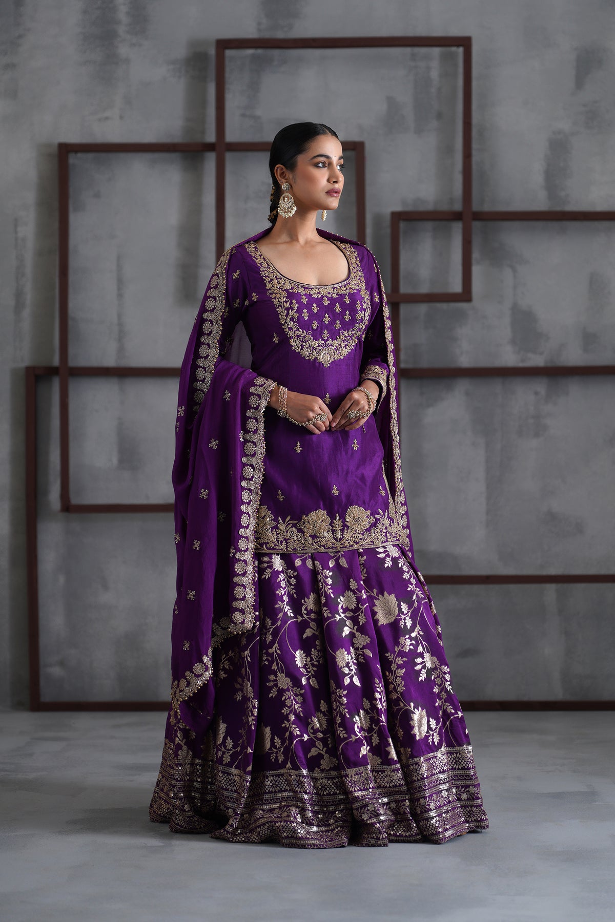 Purple Embroidered Kurti, Banarsi Lehenga And Dupatta
