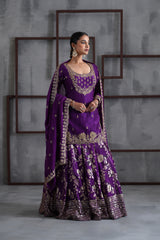 Purple Embroidered Kurti, Banarsi Lehenga And Dupatta