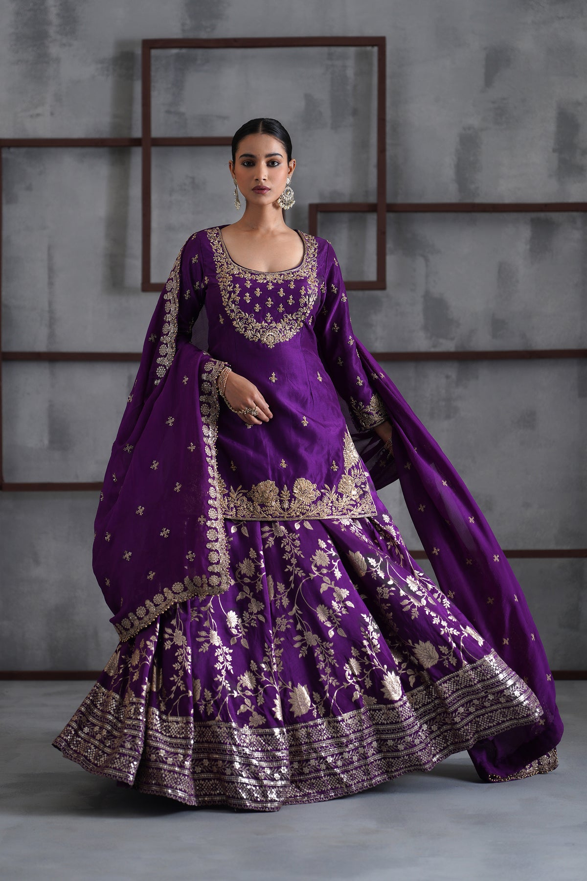 Purple Embroidered Kurti, Banarsi Lehenga And Dupatta