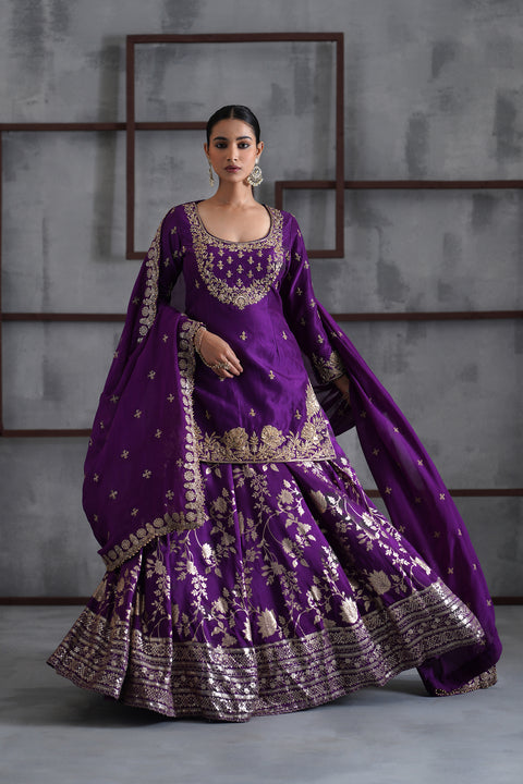 Purple Embroidered Kurti, Banarsi Lehenga And Dupatta