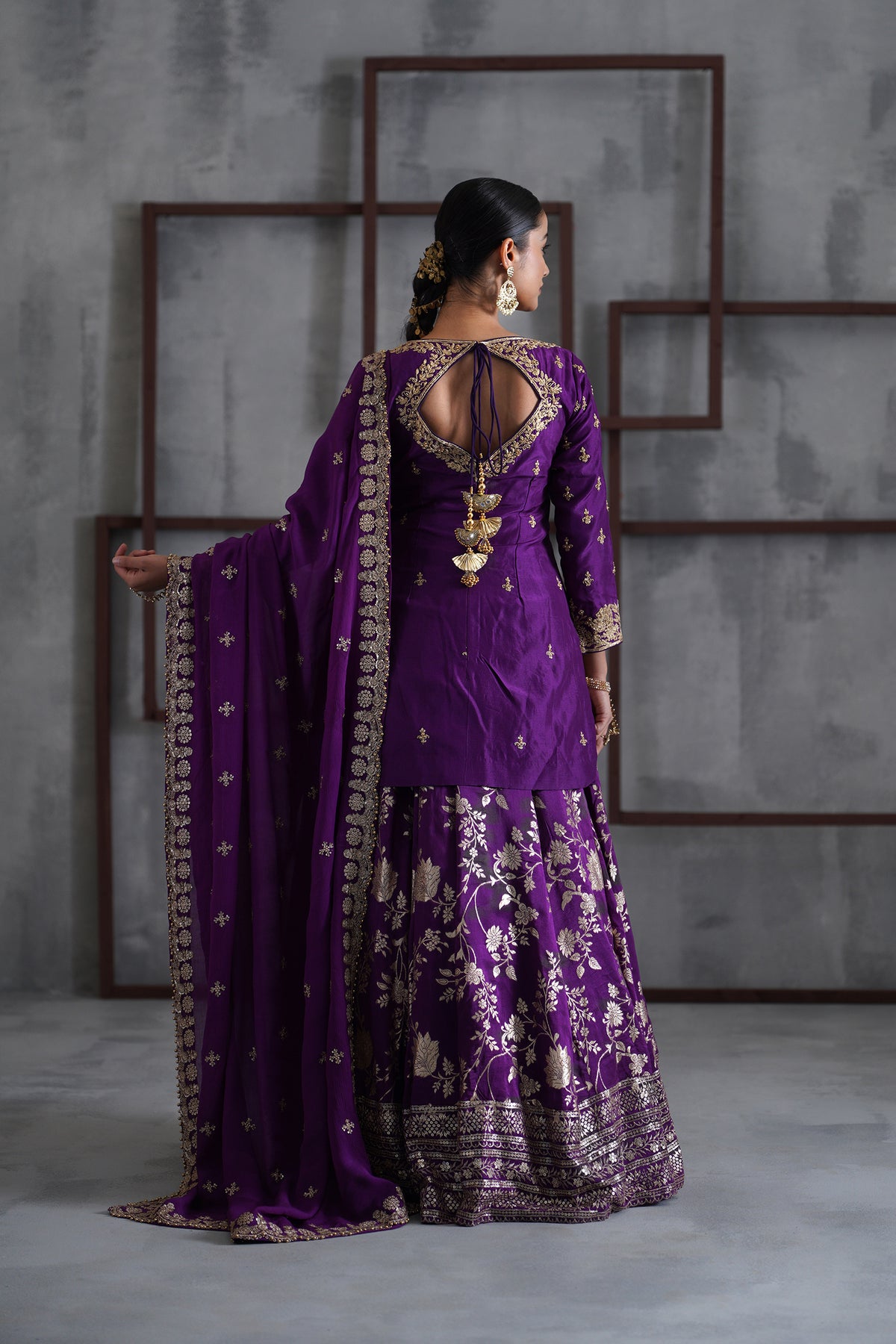 Purple Embroidered Kurti, Banarsi Lehenga And Dupatta