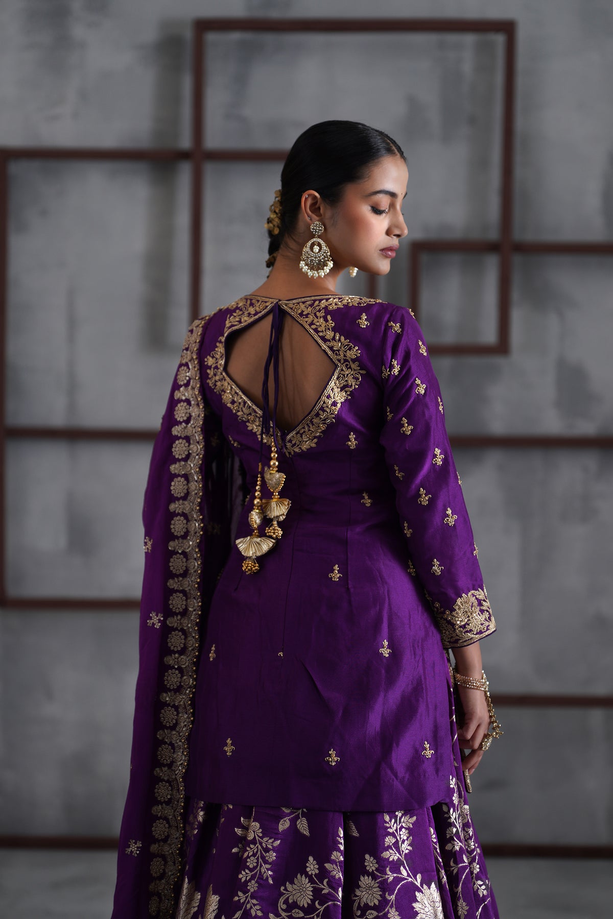 Purple Embroidered Kurti, Banarsi Lehenga And Dupatta