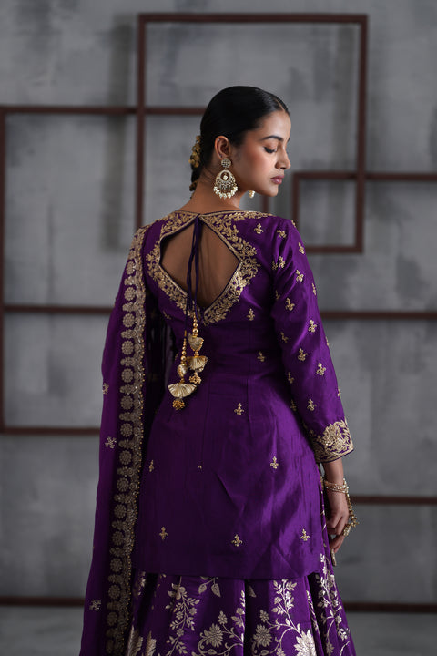 Purple Embroidered Kurti, Banarsi Lehenga And Dupatta