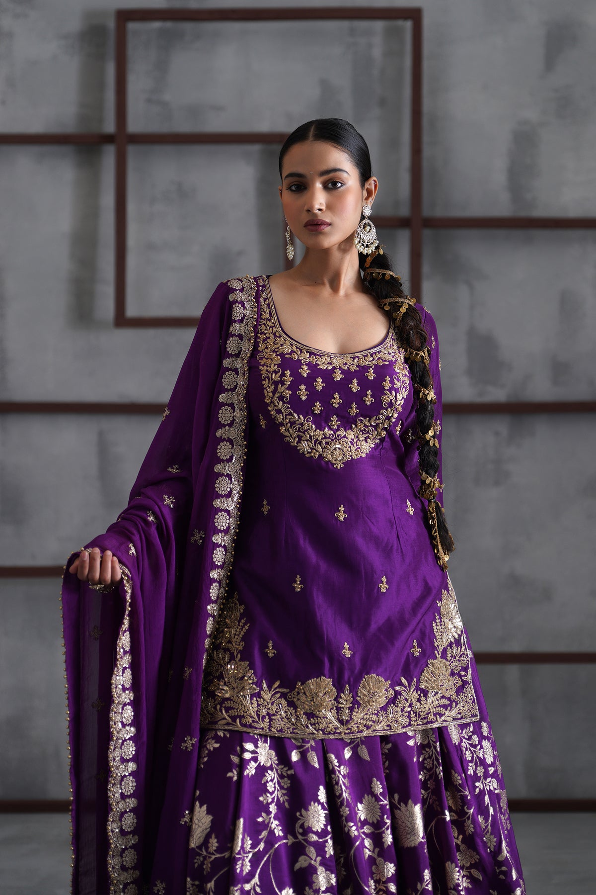 Purple Embroidered Kurti, Banarsi Lehenga And Dupatta