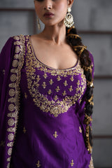 Purple Embroidered Kurti, Banarsi Lehenga And Dupatta