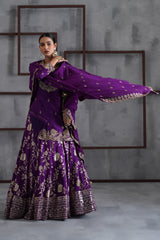 Purple Embroidered Kurti, Banarsi Lehenga And Dupatta
