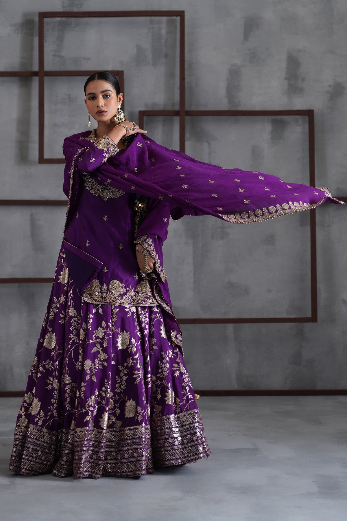 Purple Embroidered Kurti, Banarsi Lehenga And Dupatta