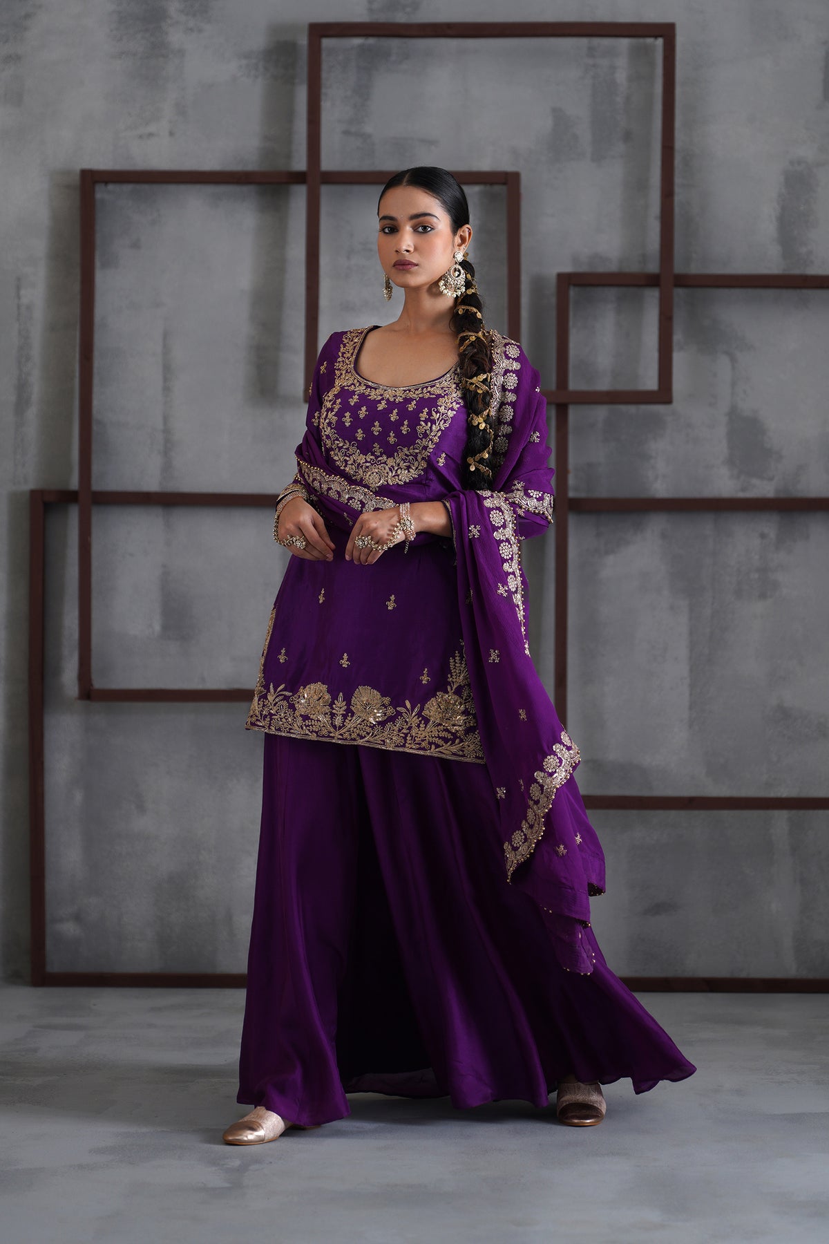 Purple Embroidered Kurti, Sharara And Dupatta