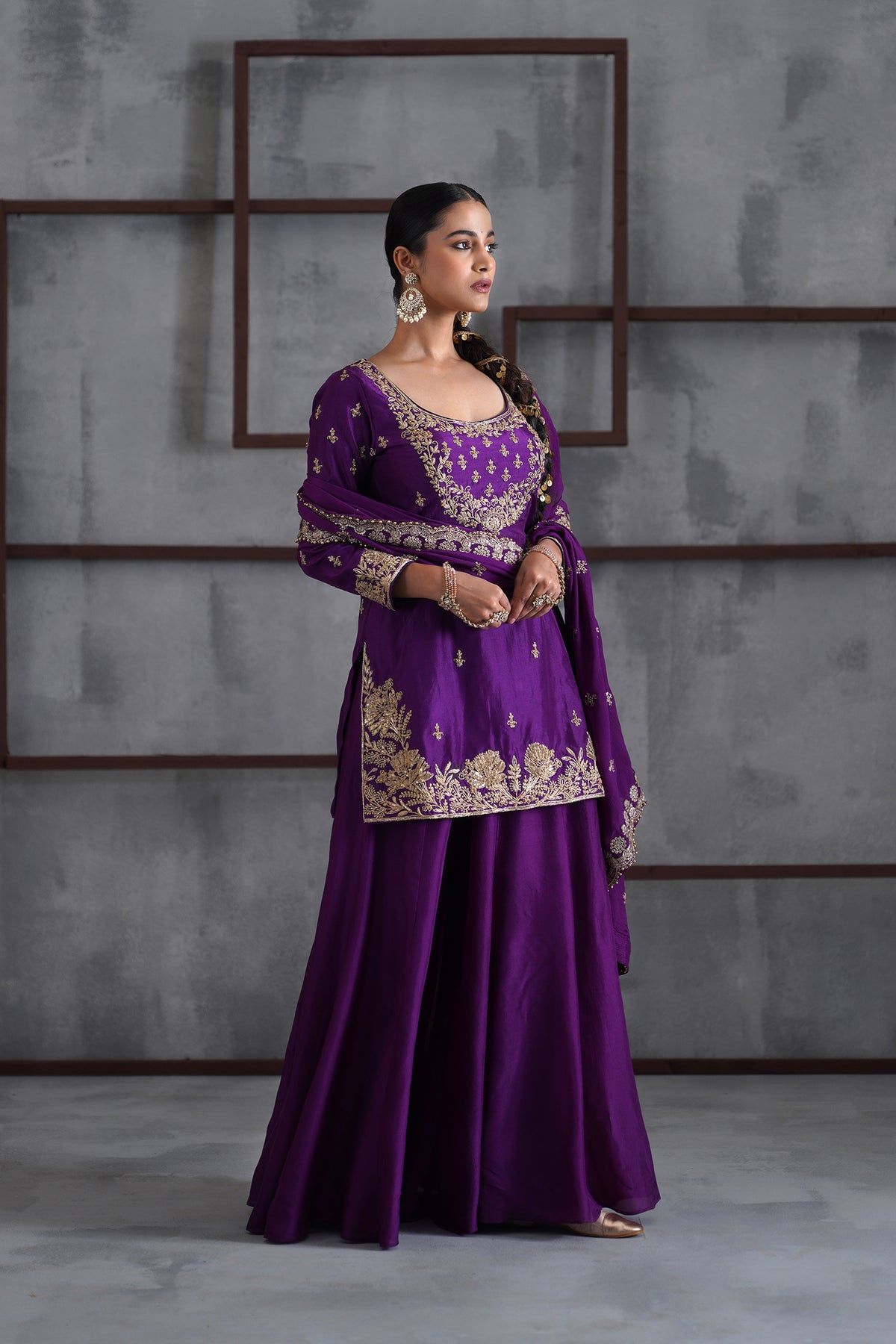 Purple Embroidered Kurti, Sharara And Dupatta