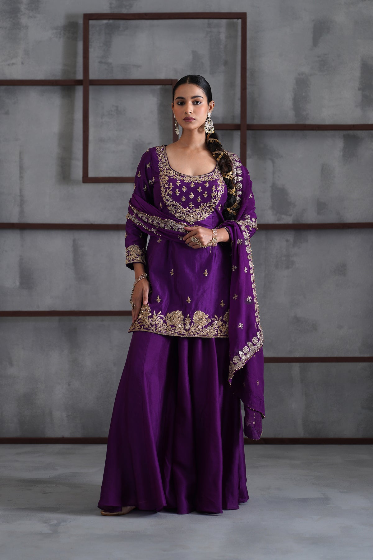 Purple Embroidered Kurti, Sharara And Dupatta