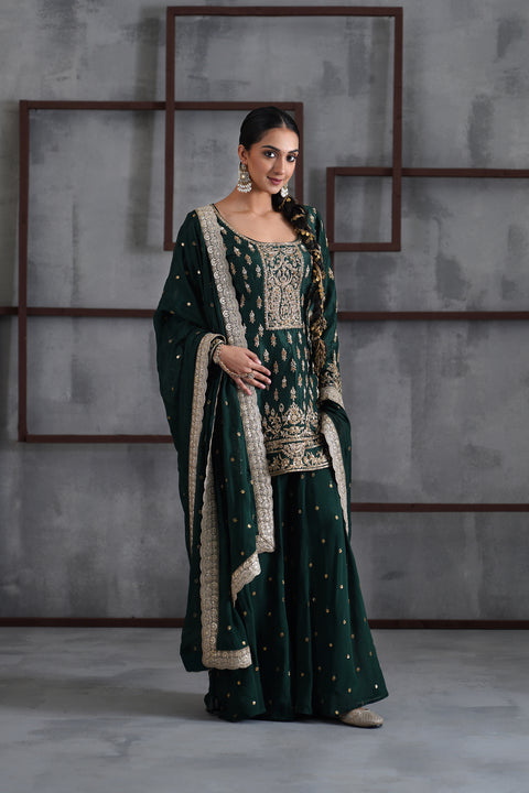Green Embroidred Kurti, Booti Sharara And Dupatta