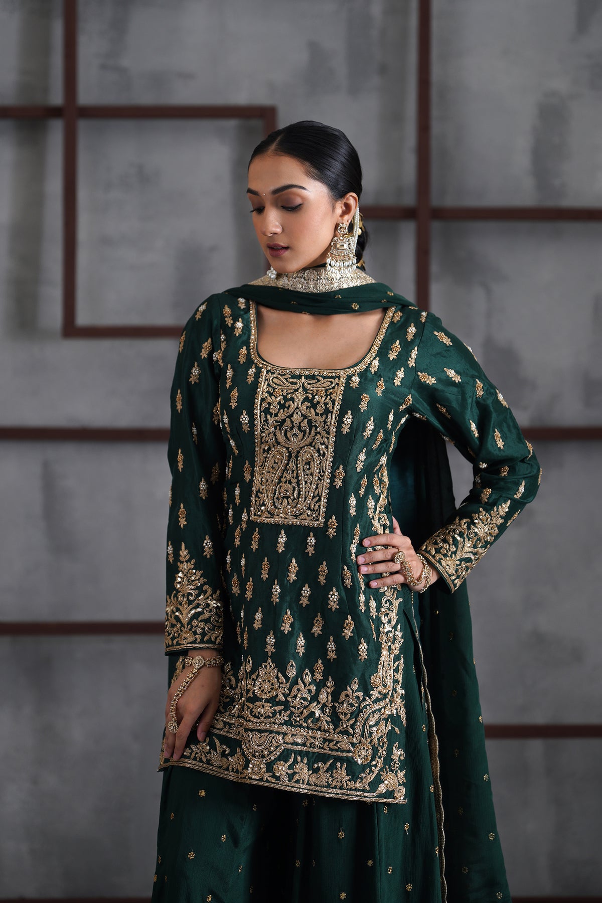 Green Embroidred Kurti, Booti Sharara And Dupatta