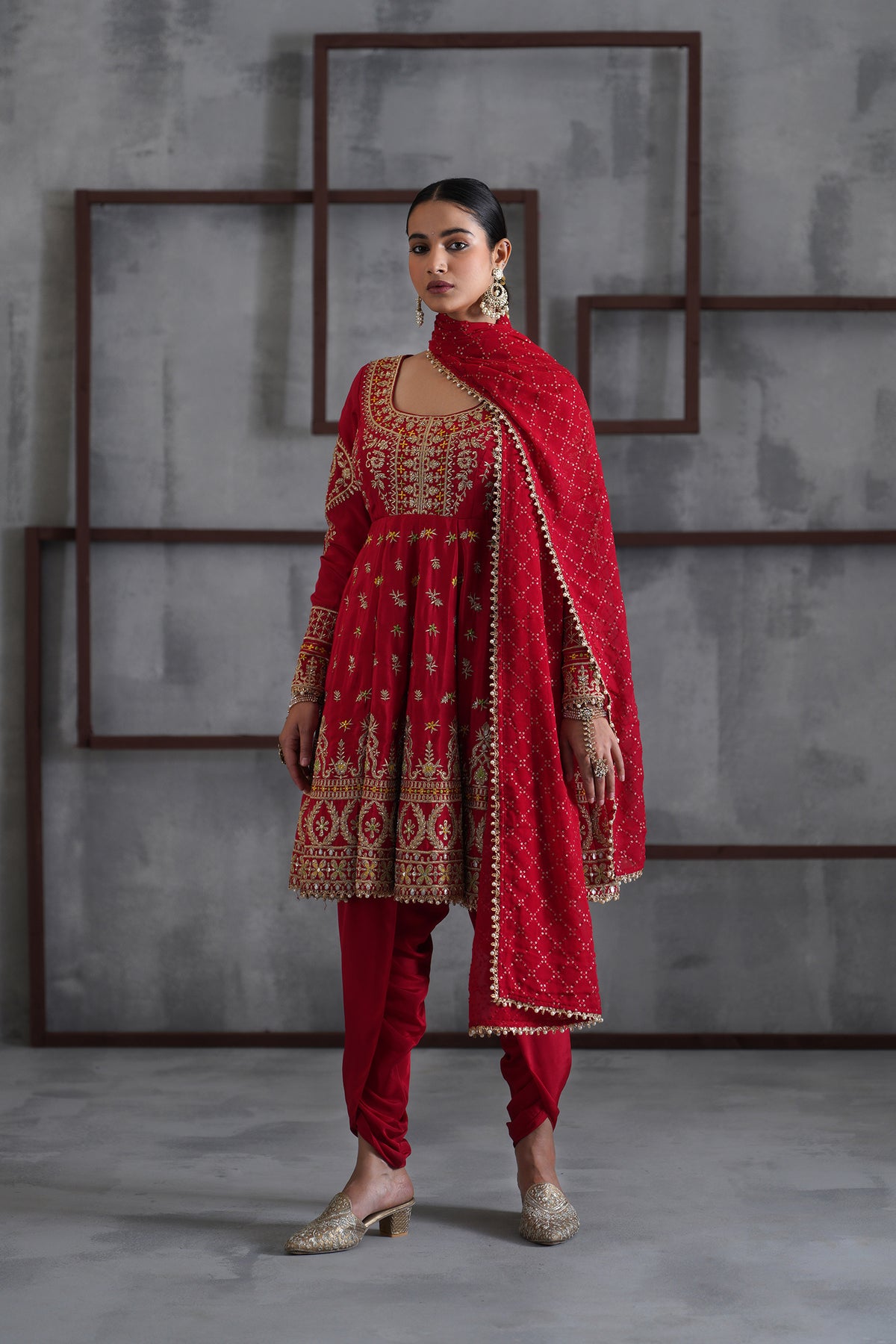 Red Embroidered Anarkali, Tulip Pants And Dupatta