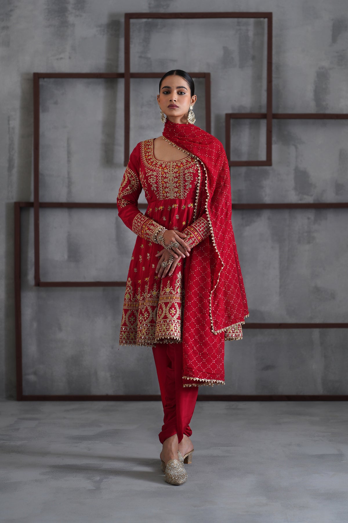 Red Embroidered Anarkali, Tulip Pants And Dupatta