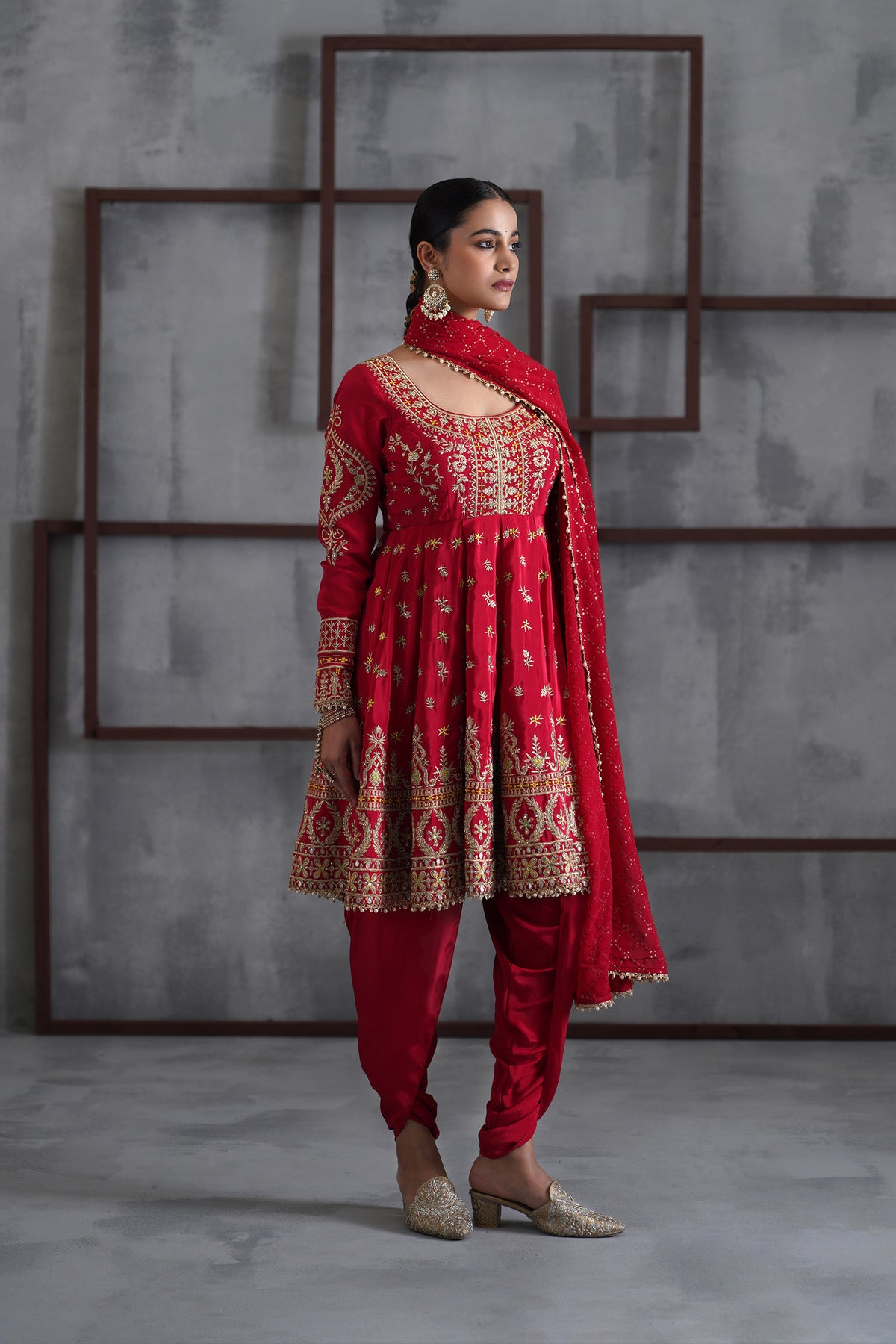 Red Embroidered Anarkali, Tulip Pants And Dupatta