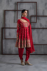 Red Embroidered Anarkali, Tulip Pants And Dupatta