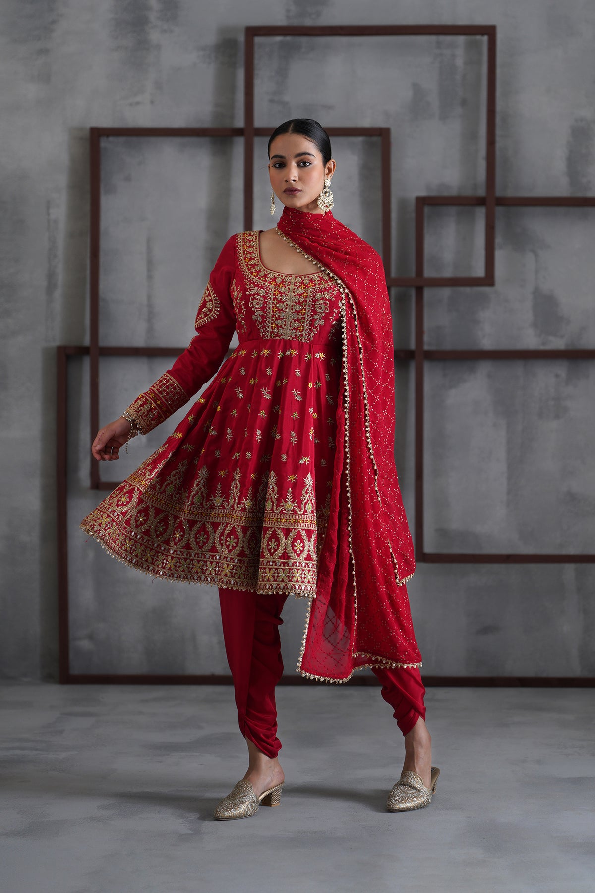 Red Embroidered Anarkali, Tulip Pants And Dupatta