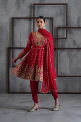 Red Embroidered Anarkali, Tulip Pants And Dupatta