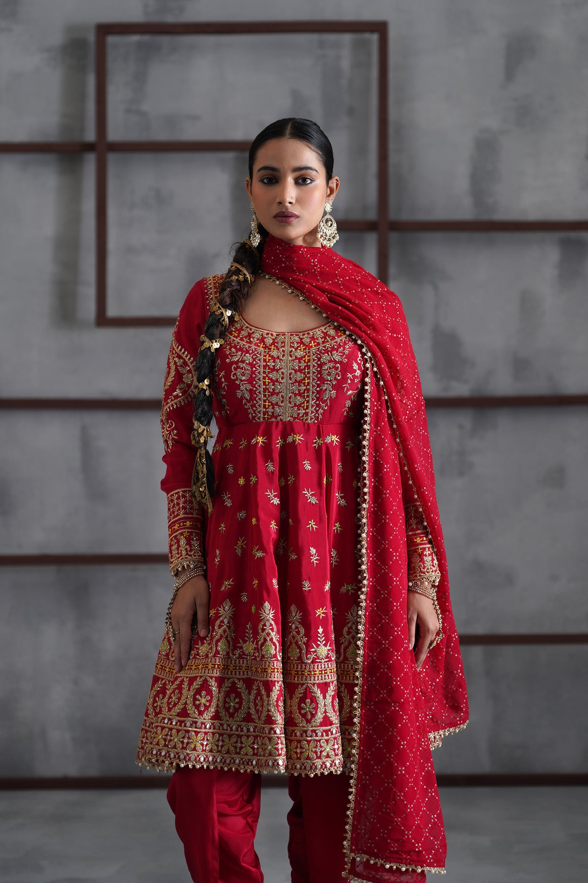 Red Embroidered Anarkali, Tulip Pants And Dupatta