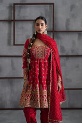 Red Embroidered Anarkali, Tulip Pants And Dupatta