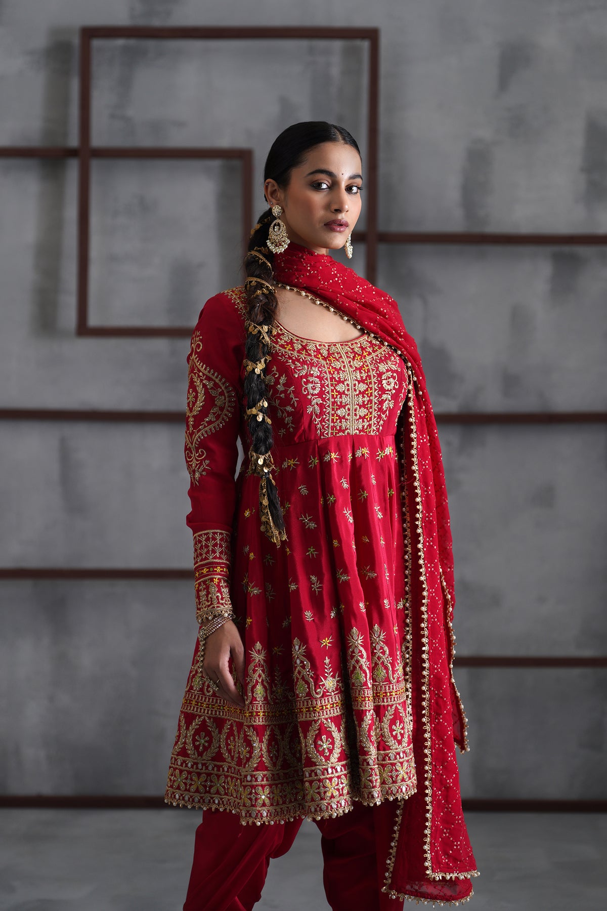 Red Embroidered Anarkali, Tulip Pants And Dupatta