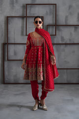 Red Embroidered Anarkali, Tulip Pants And Dupatta