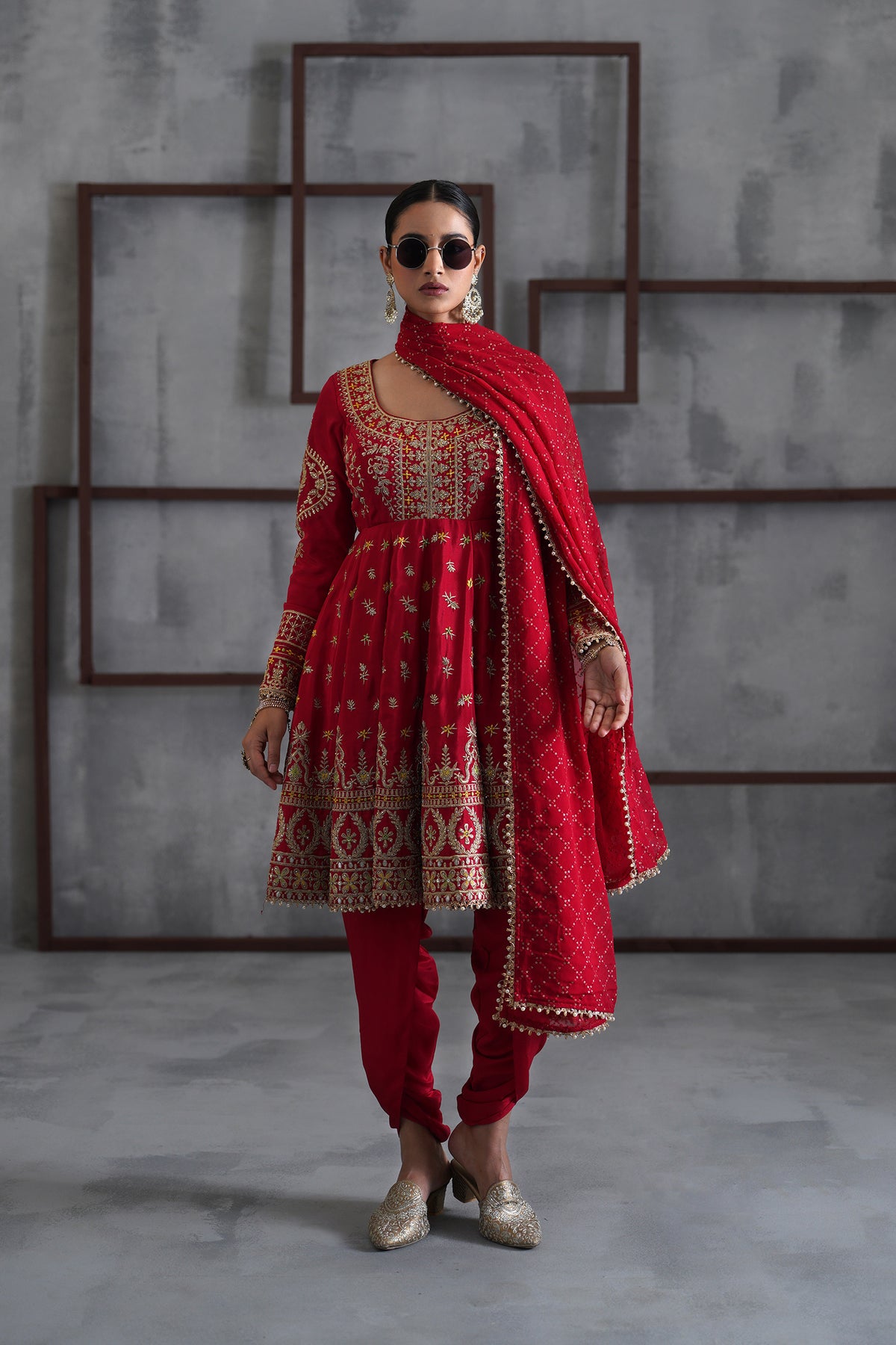 Red Embroidered Anarkali, Tulip Pants And Dupatta
