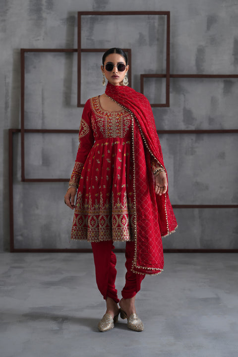 Red Embroidered Anarkali, Tulip Pants And Dupatta
