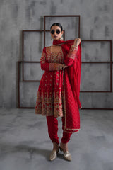 Red Embroidered Anarkali, Tulip Pants And Dupatta