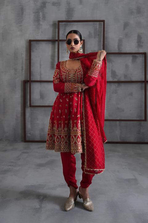Red Embroidered Anarkali, Tulip Pants And Dupatta
