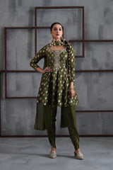 Olive Green Peplum, Tulip Salwar And Choker Dupatta