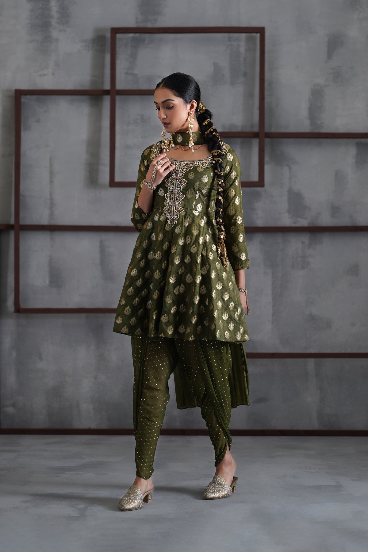 Olive Green Peplum, Tulip Salwar And Choker Dupatta