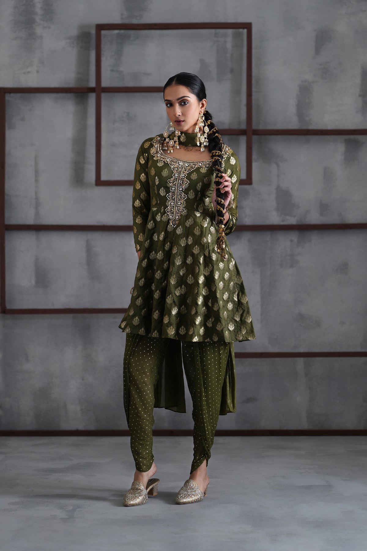 Olive Green Peplum, Tulip Salwar And Choker Dupatta