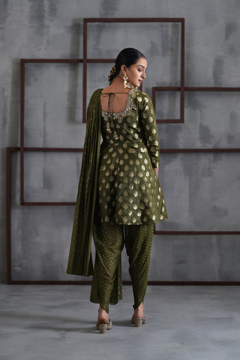 Olive Green Peplum, Tulip Salwar And Choker Dupatta