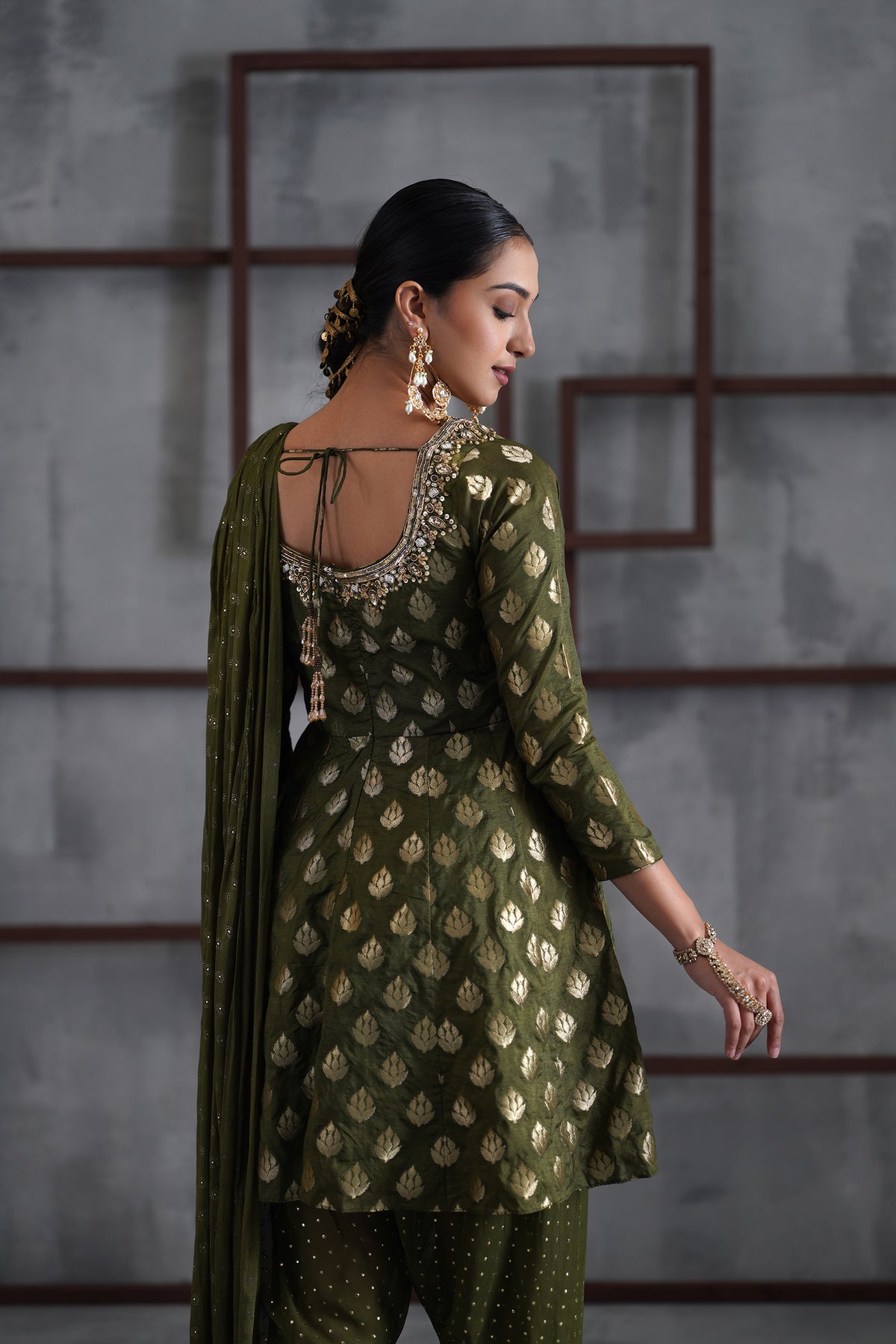 Olive Green Peplum, Tulip Salwar And Choker Dupatta