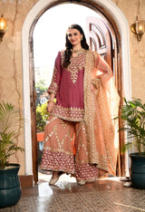 Brown & Dark Peach Gotta Embellished Organza Sharara Set