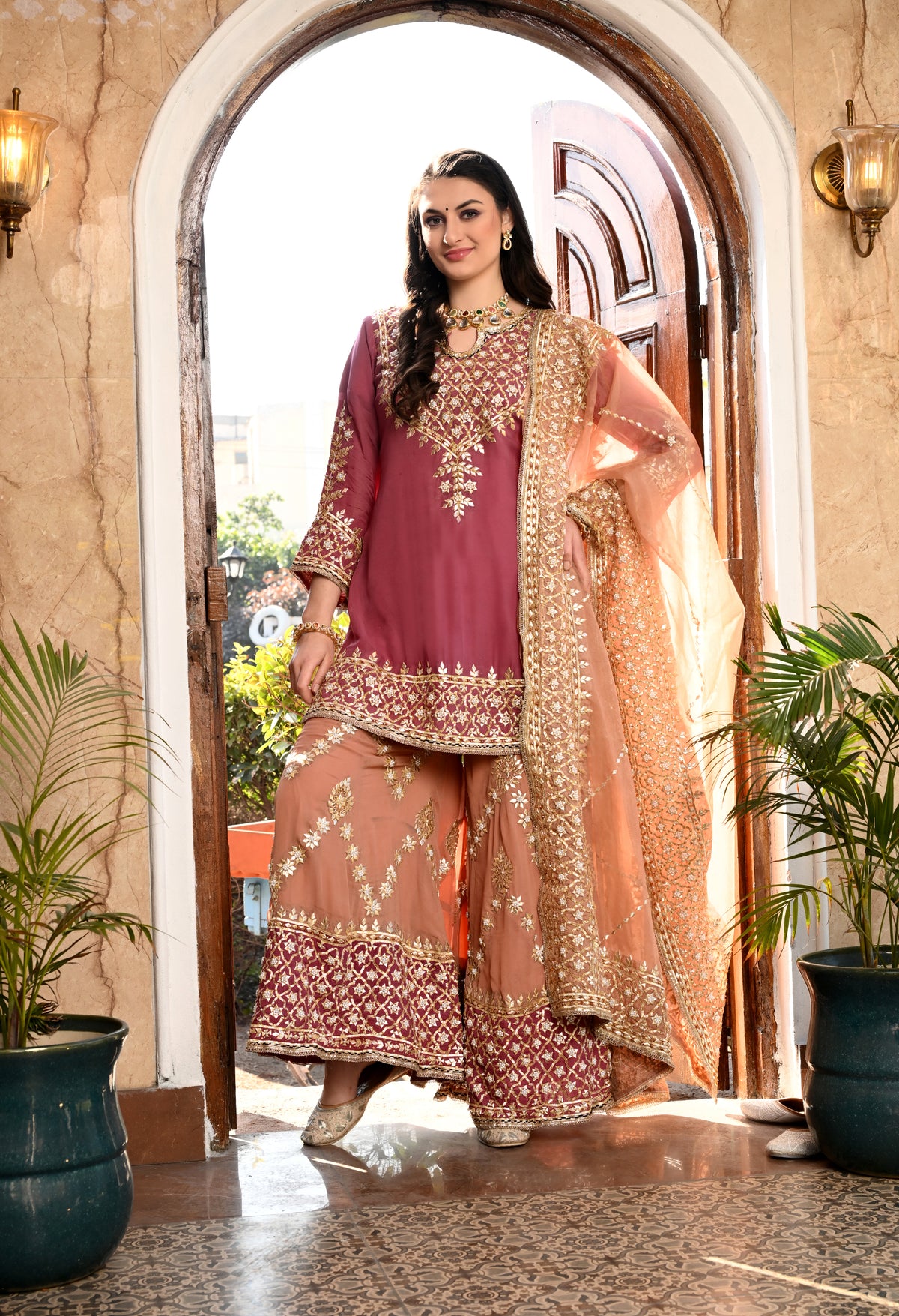 Brown & Dark Peach Gotta Embellished Organza Sharara Set