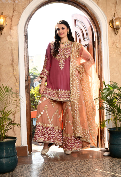 Brown & Dark Peach Gotta Embellished Organza Sharara Set