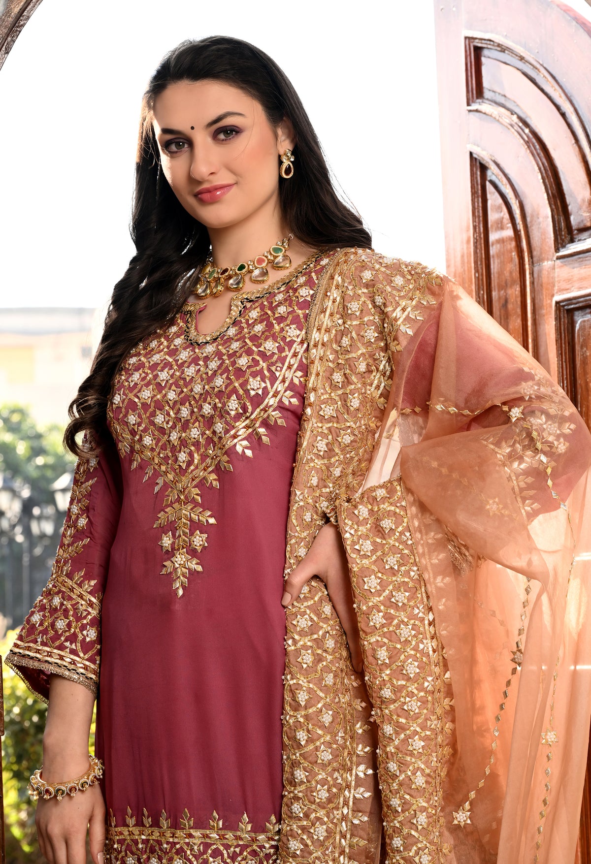 Brown & Dark Peach Gotta Embellished Organza Sharara Set